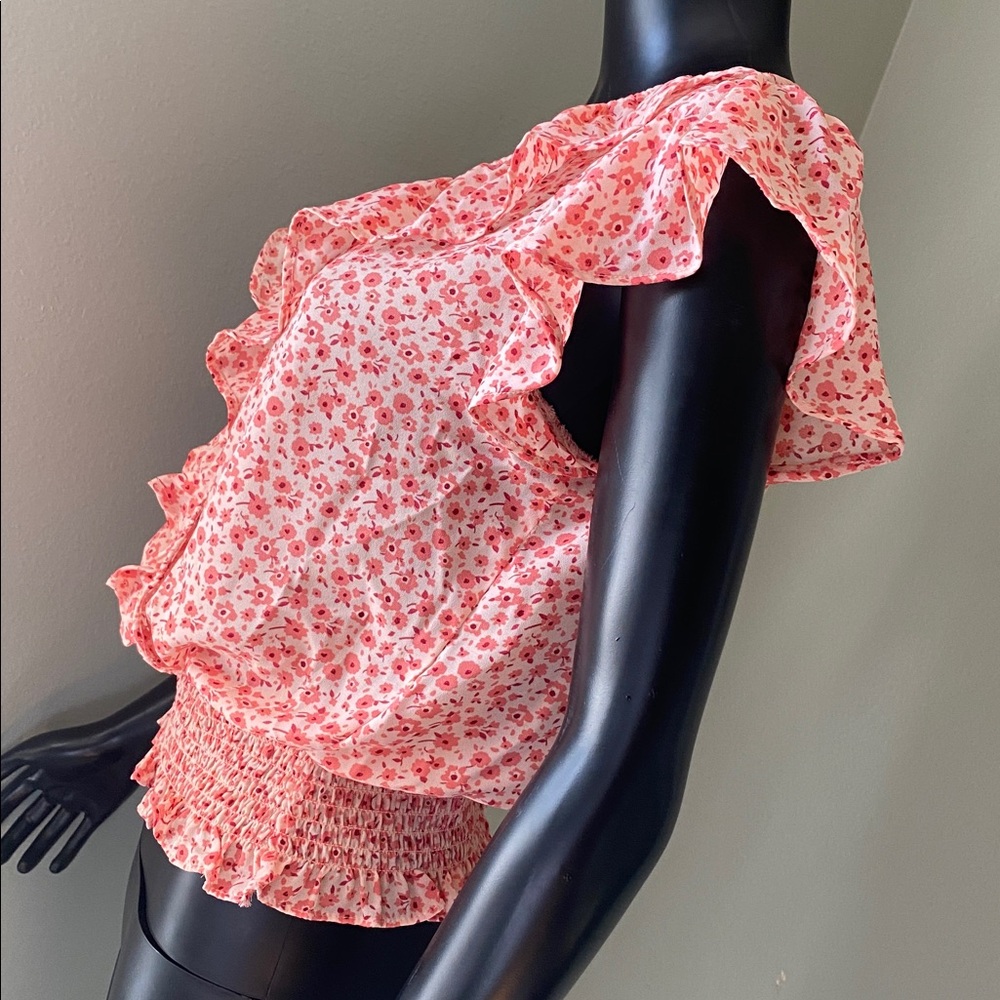 Lush Pink Peach Coral Floral Ruffle Blouse - Picture 5 of 12